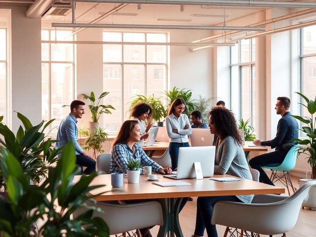 Diverse team collaborating in a modern workspace