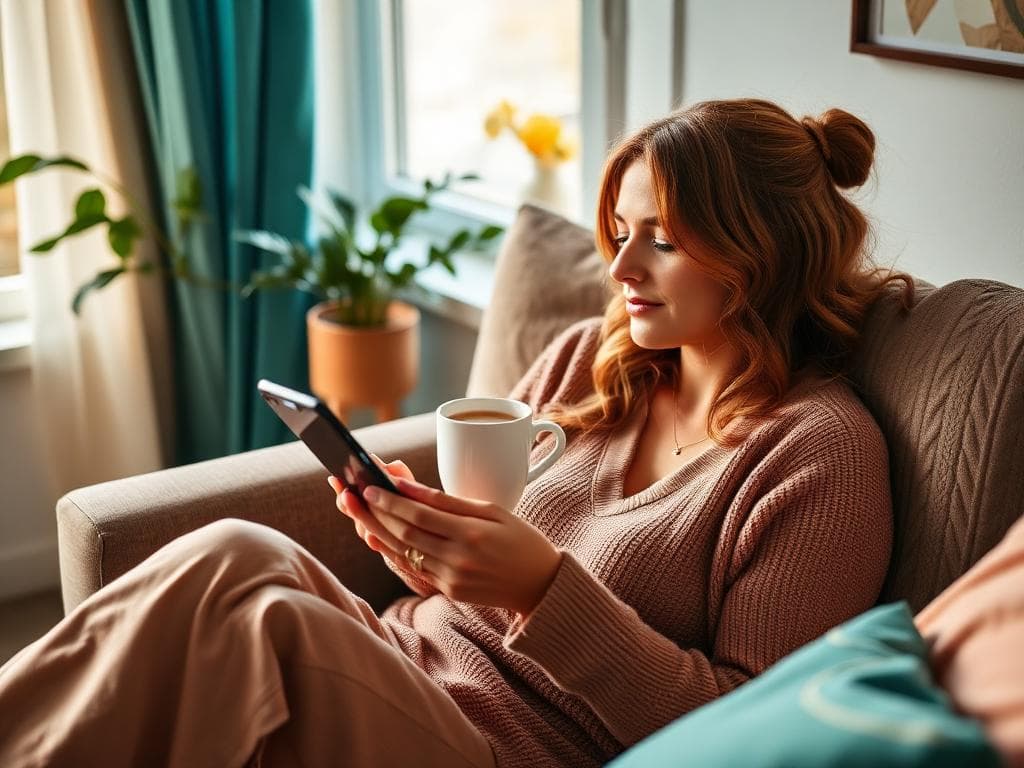 Woman relaxing at home with phone and tea